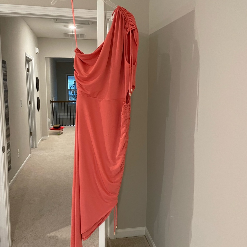 Elegant Coral One-Shoulder Dress with gold accent. 🪸